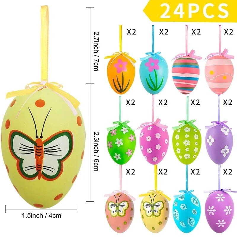 24PCS Colorful Plastic Easter Eggs Hanging Ornaments for Tree Basket Party Decor