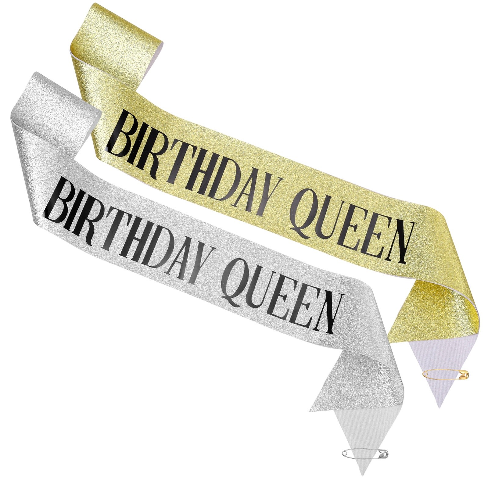 2-Pack Birthday Sash, Sequined Fabric Birthday Gifts [Black Text, Silver Gold]