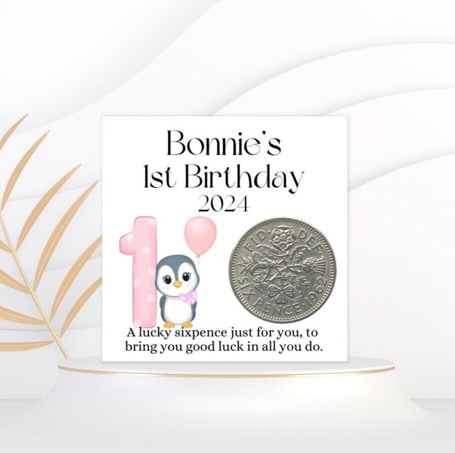 Baby Girls 1st Birthday Gift, Lucky Sixpence Coin, Personalised First Birthday
