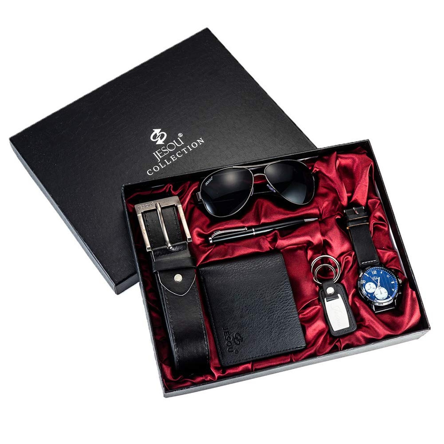Belt Men Leather Black Set with Wallet Keychain Ballpoint Pen Sunglasses Watc…