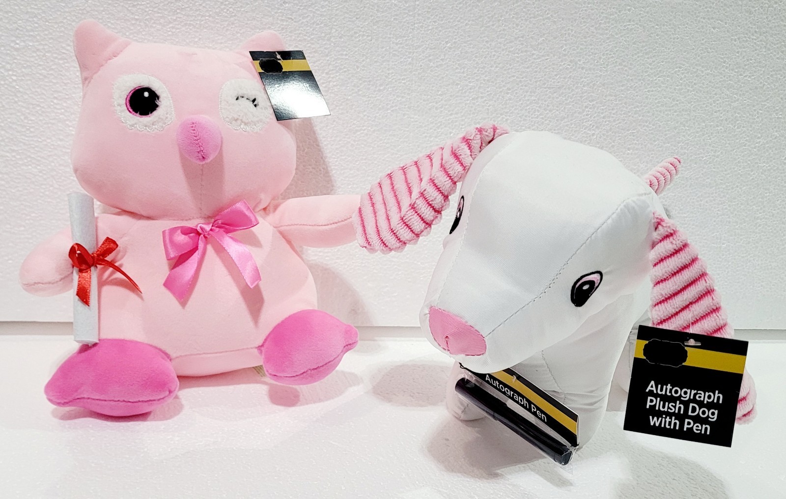 2 PC Pink Graduation Autograph Dog Toys Grad Students Gift Party w/ Pen & Owl