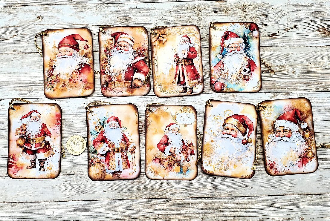 9-Christmas-Watercolor Style-Santa-Journals-Linen Cardstock-Gift-Hang-Tags