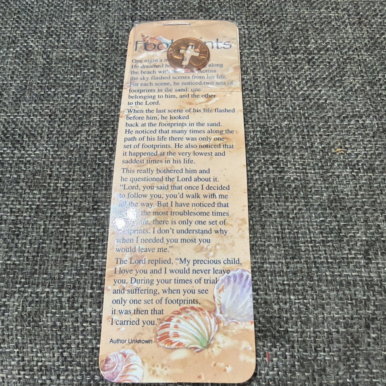 VTG 1988 Footprints In The Sand Poem With Penny Cross Coin Bookmark Remembrance