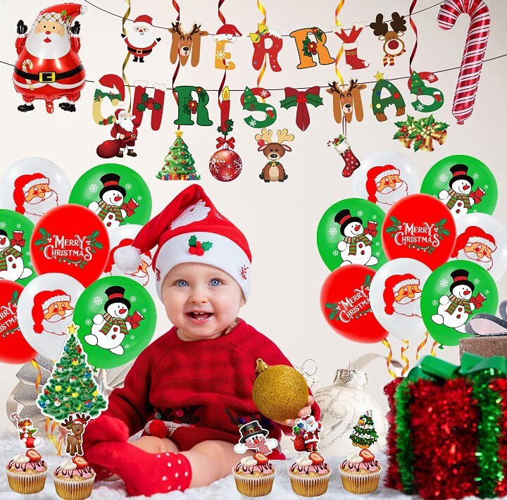 Holiday Decoration Set Merry Christmas Banner Santa Decor Balloons