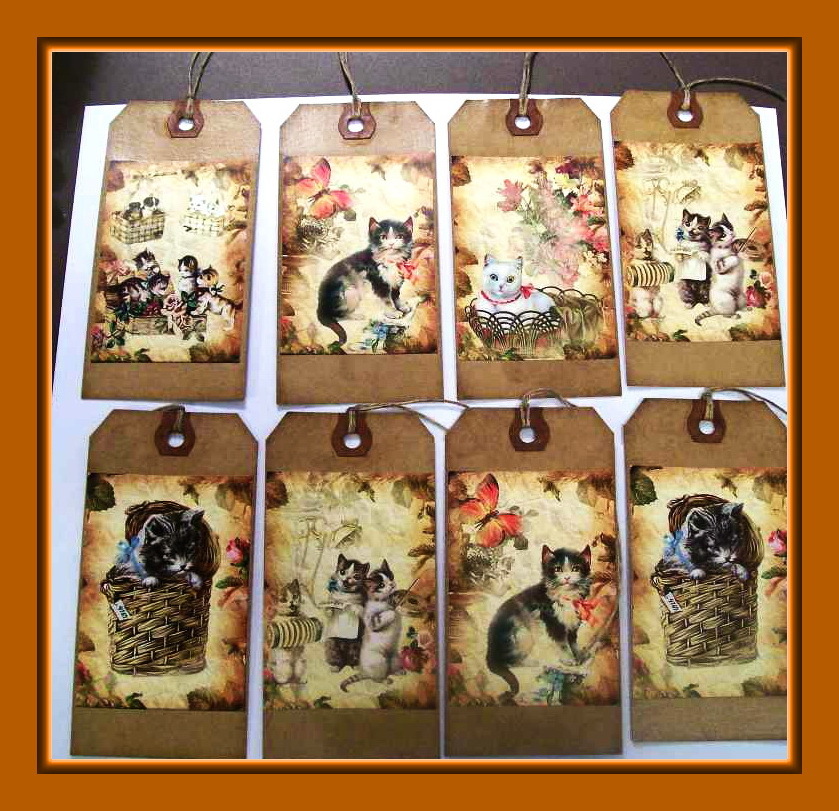 PLAYFUL KITTEN AND CAT HANG TAGS – SET OF EIGHT – ADORABLE – PRIMITIVE