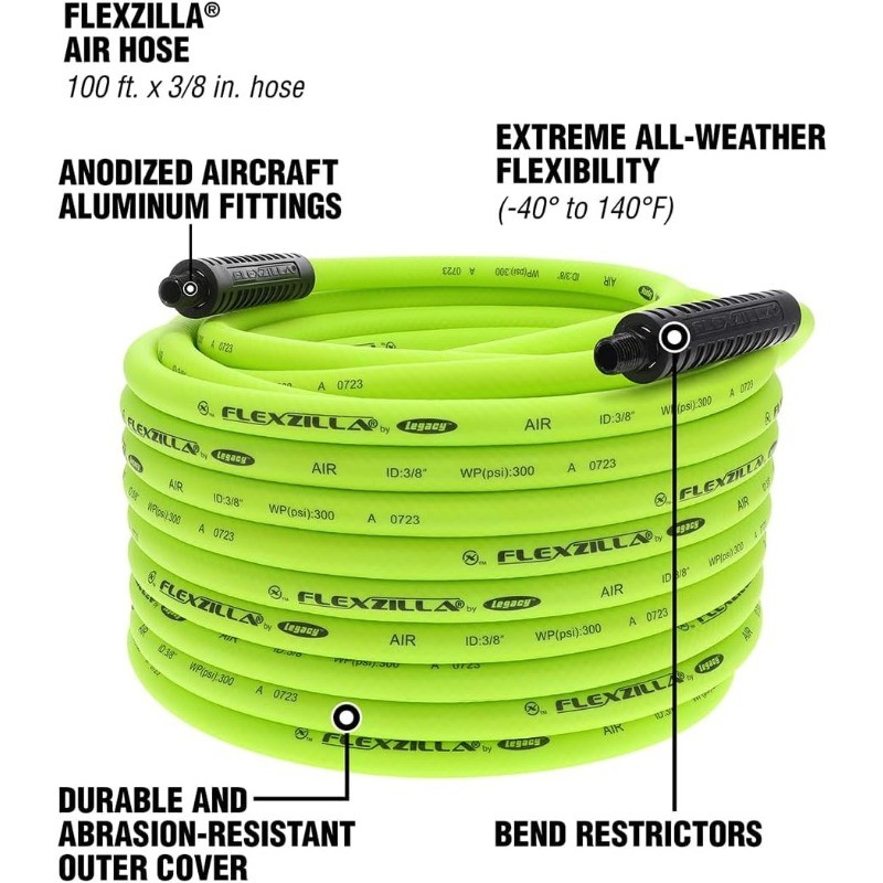 Air Hose, 3/8 in. x 100 ft., 1/4 in. MNPT Fittings, Heavy Duty,