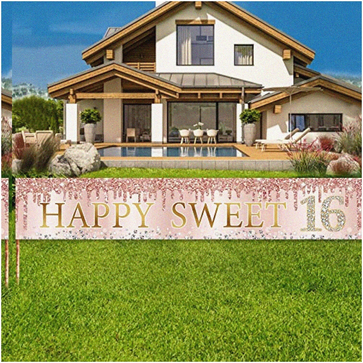 Sweet 16 Celebration Banner Pink Rose Gold Polyester