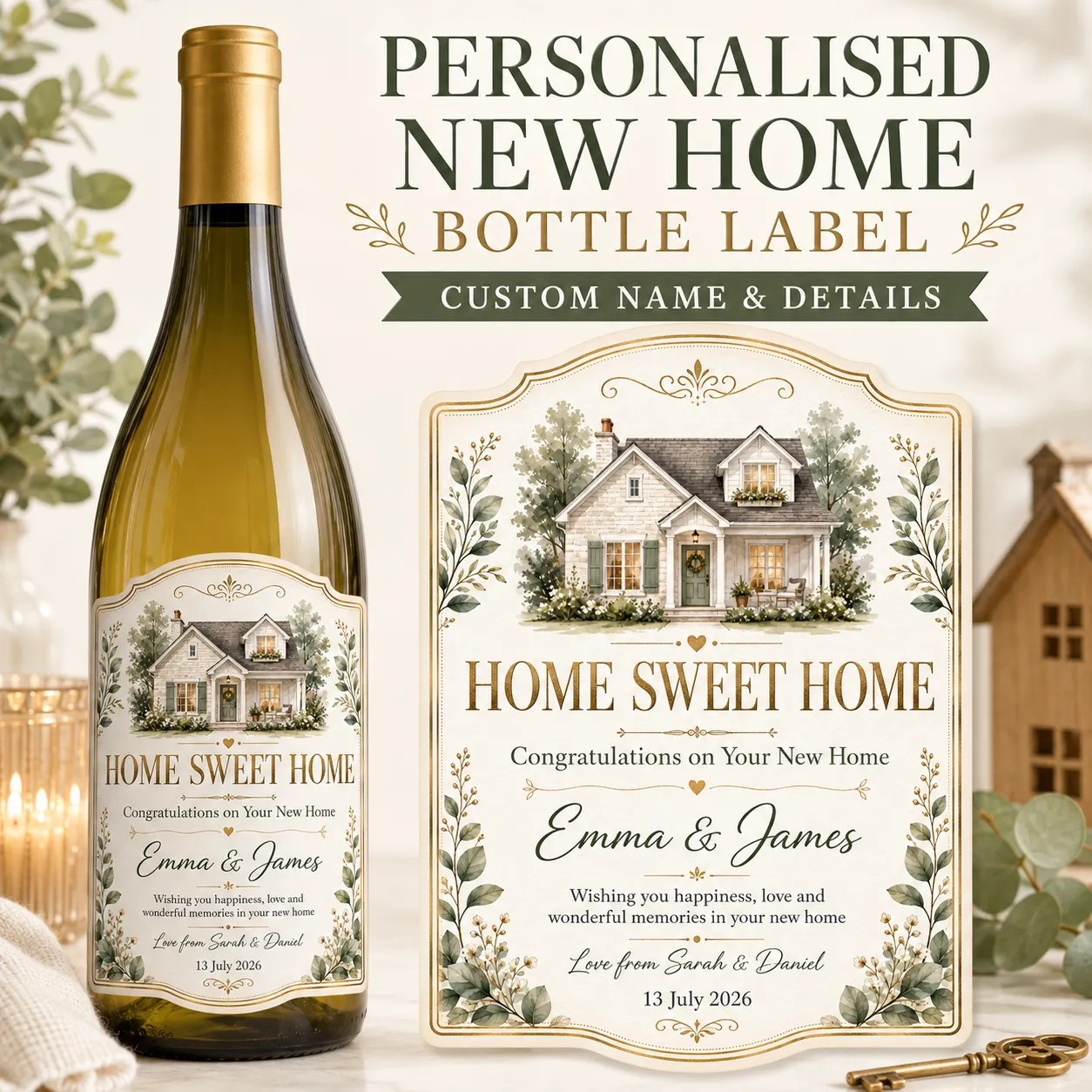 Personalised New Home Bottle Label Sticker Custom Housewarming Wine Gift