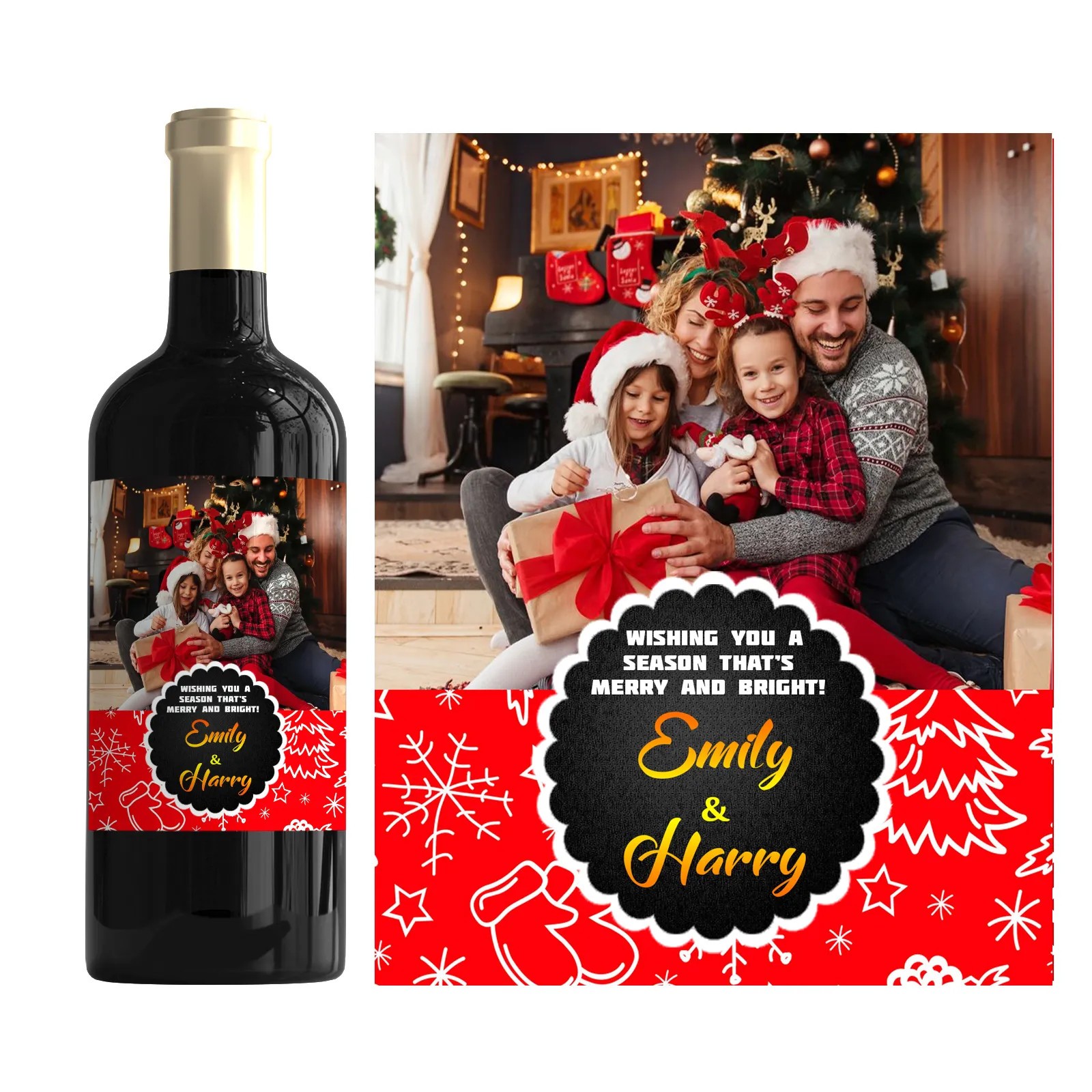 Personalised Christmas Bottle Label Custom Family Photo Wine Gift Sticker