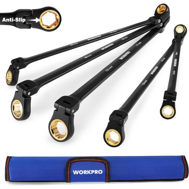 Extra Long Flex-Head Ratcheting Wrench Set, 5-piece Anti-Slip Double Box Wrenche
