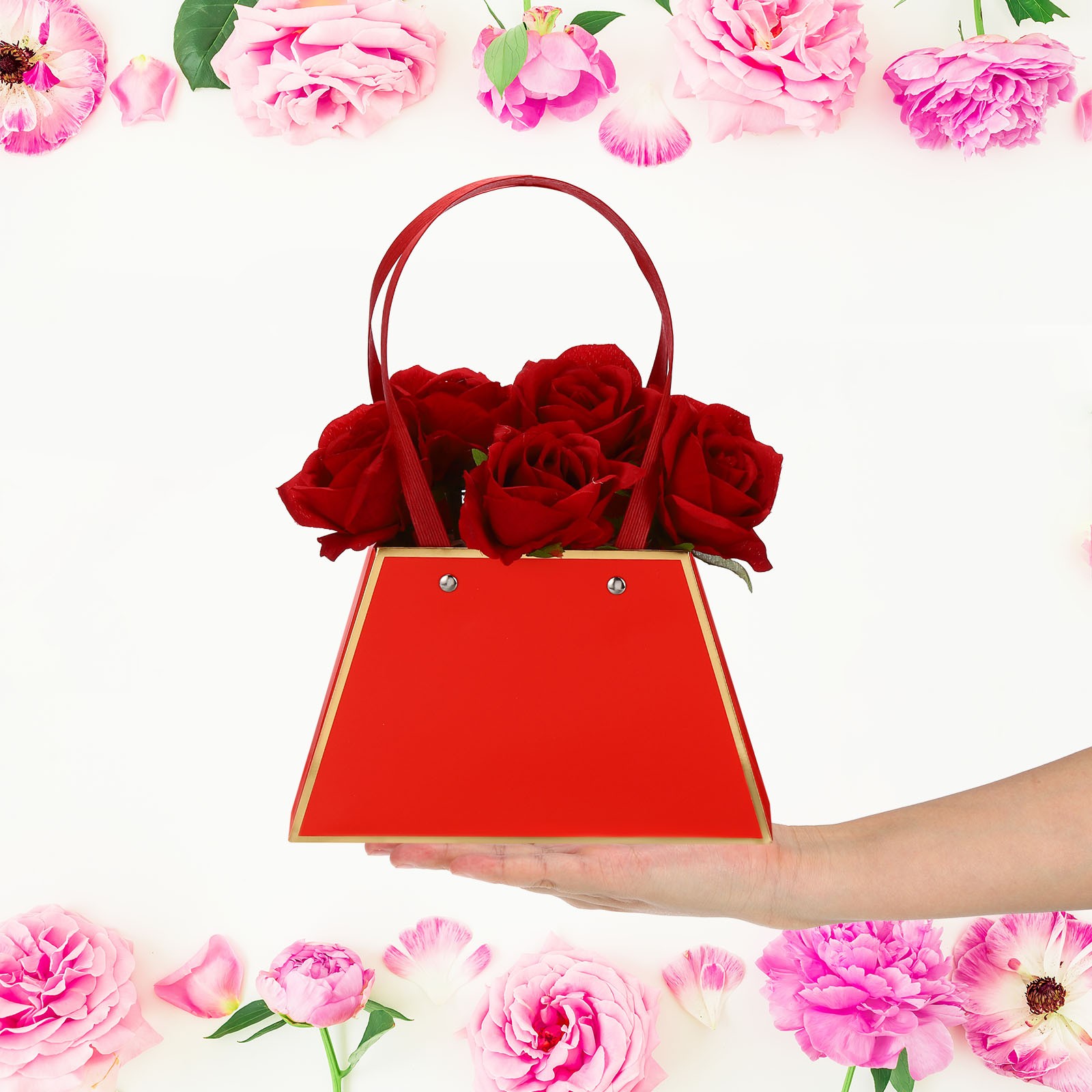 Paper Flower Gift Bags, 12 Pcs Paper Bouquet Flower Gift Bag with Handle,Red