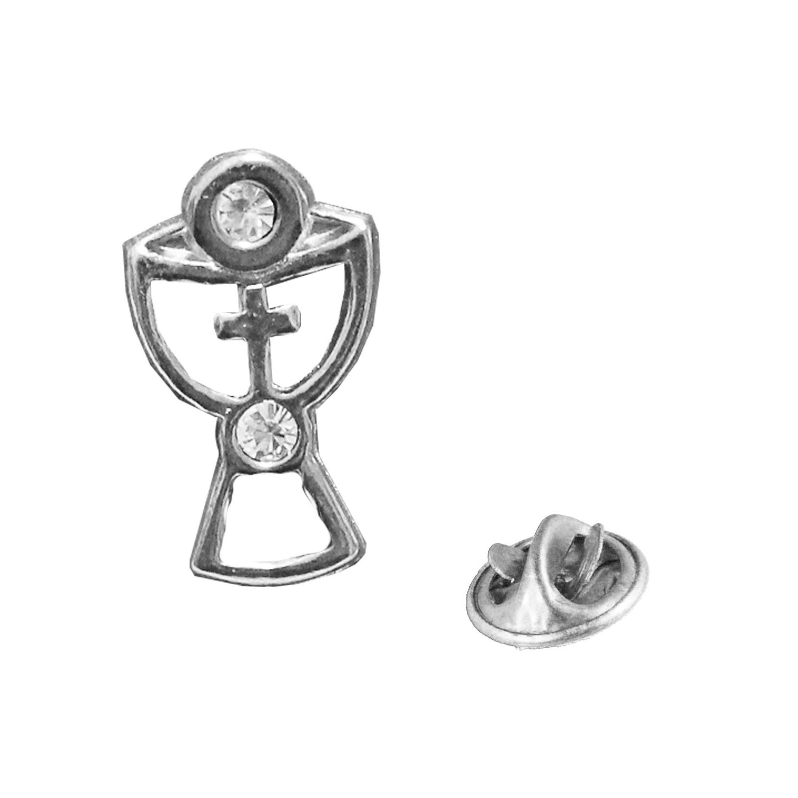 First Communion Lapel Pin Brooch – Silver Chalice with Gems