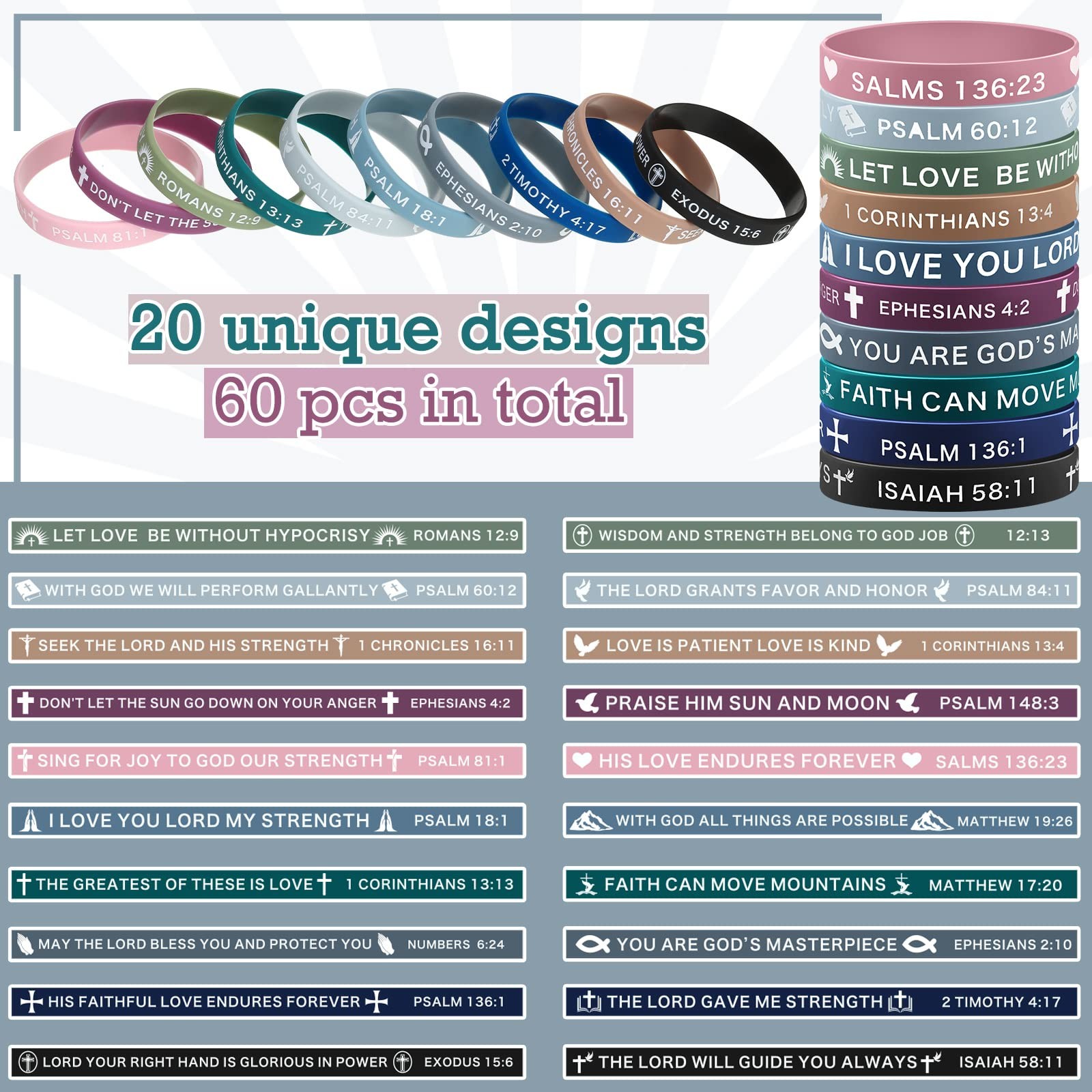 60 Pieces Religious Silicone Bracelets Christian Rubber Bible Verses Wristbands