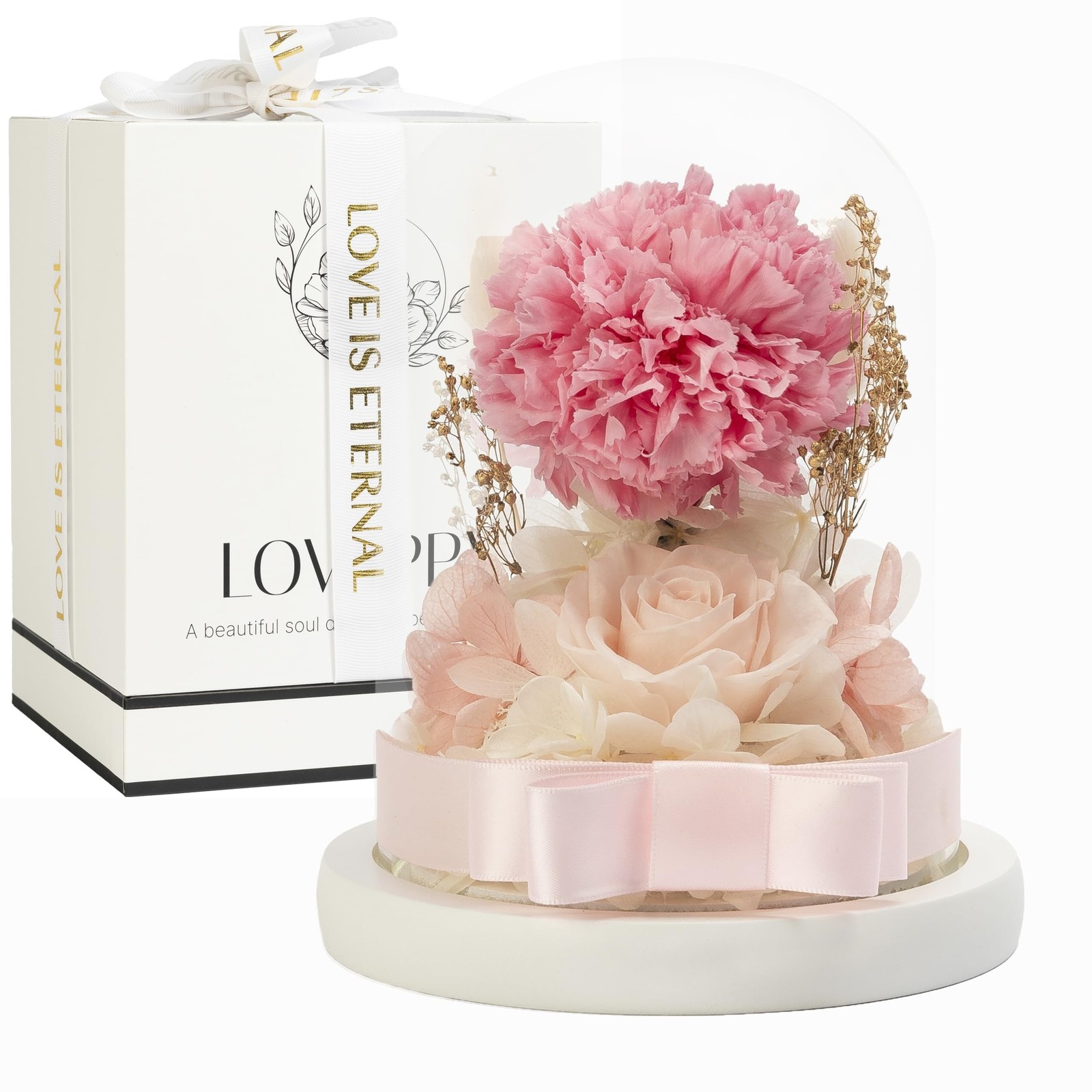 Flowers: Preserved Rose and Carnation in Glass Dome – Romantic Home Decor and…