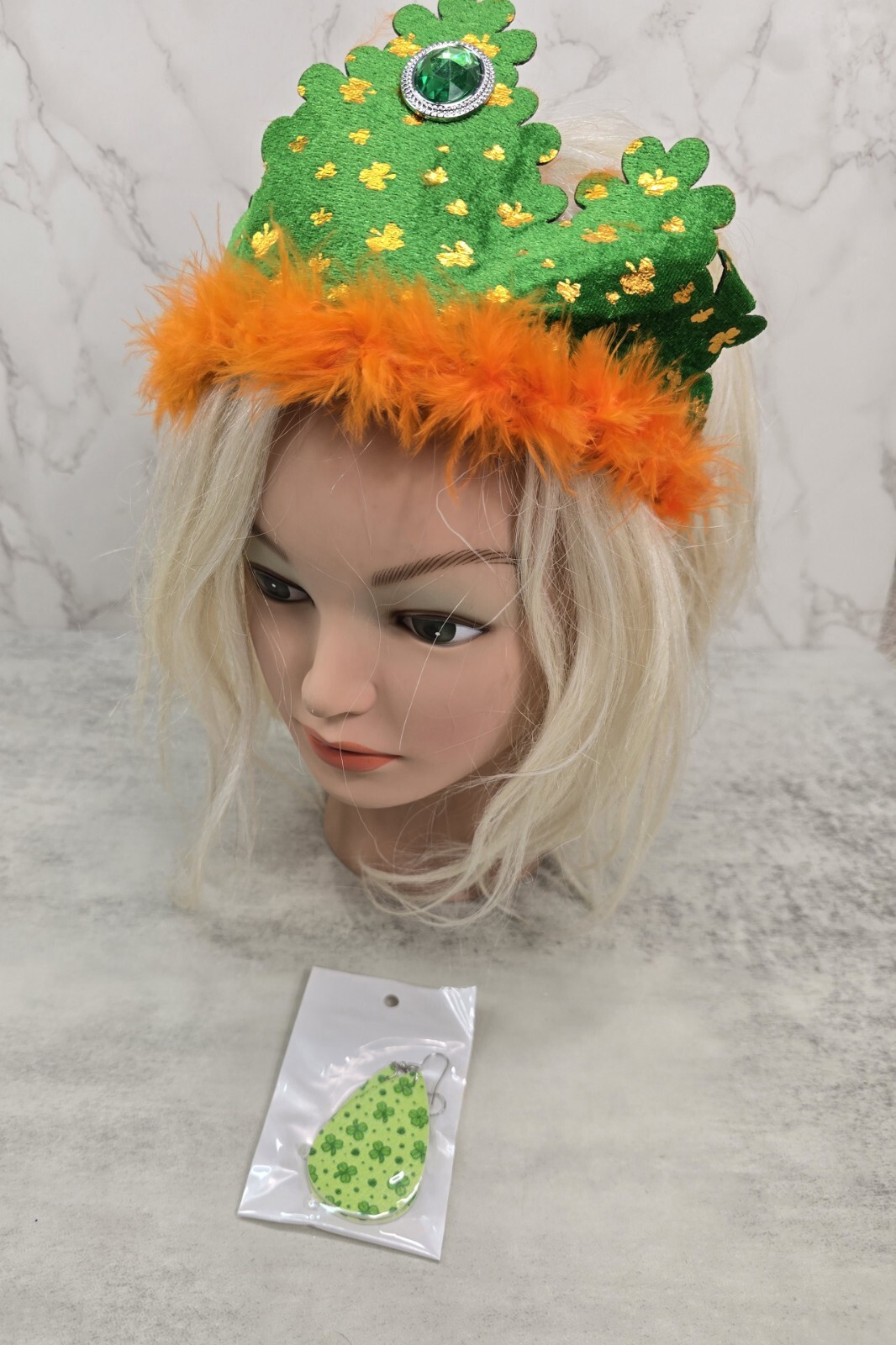 St Patricks Day Green Orange Felt Crown Hat Headband Earrings Set Party Dress Up