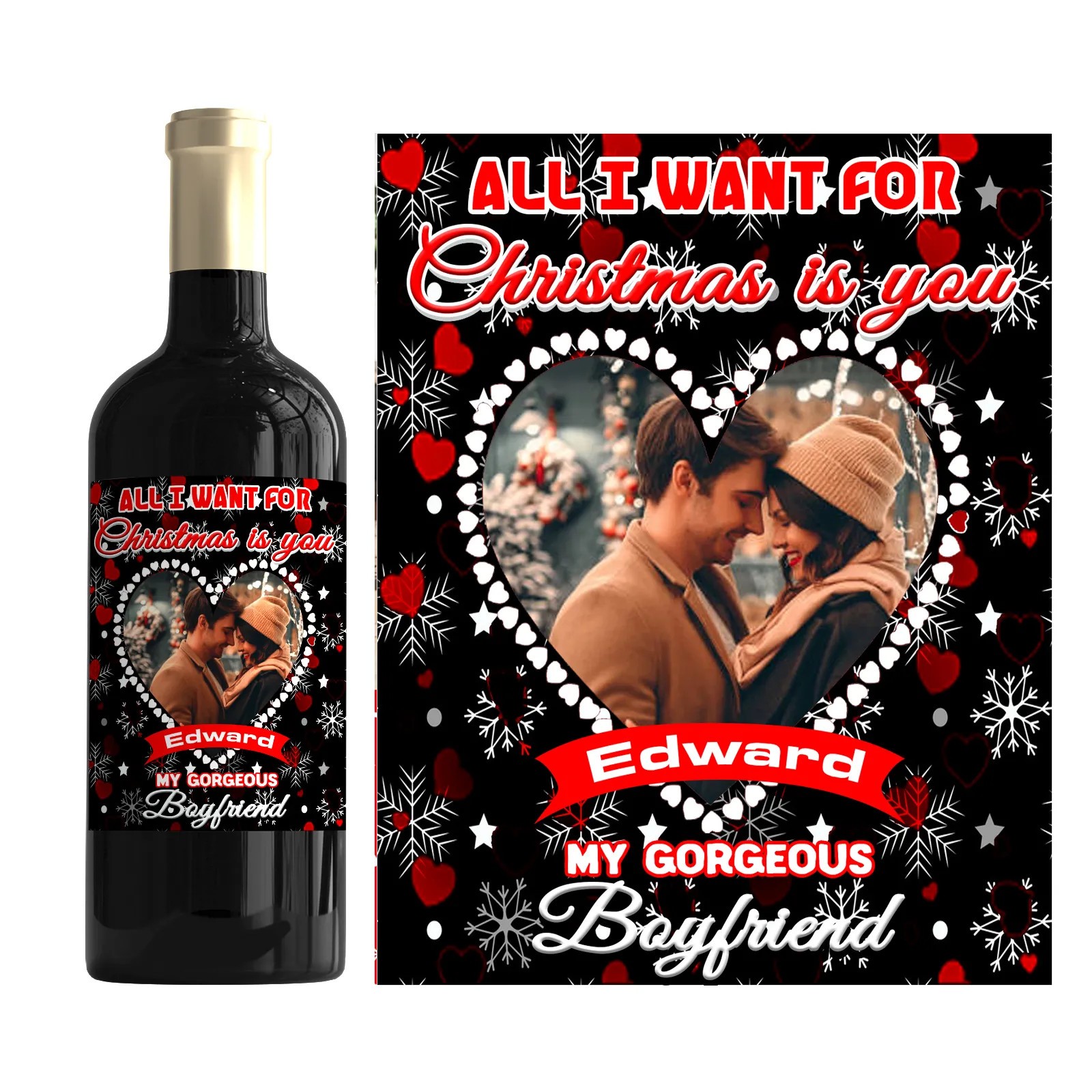 Personalised Boyfriend Christmas Bottle Label Custom Photo Wine Gift Sticker