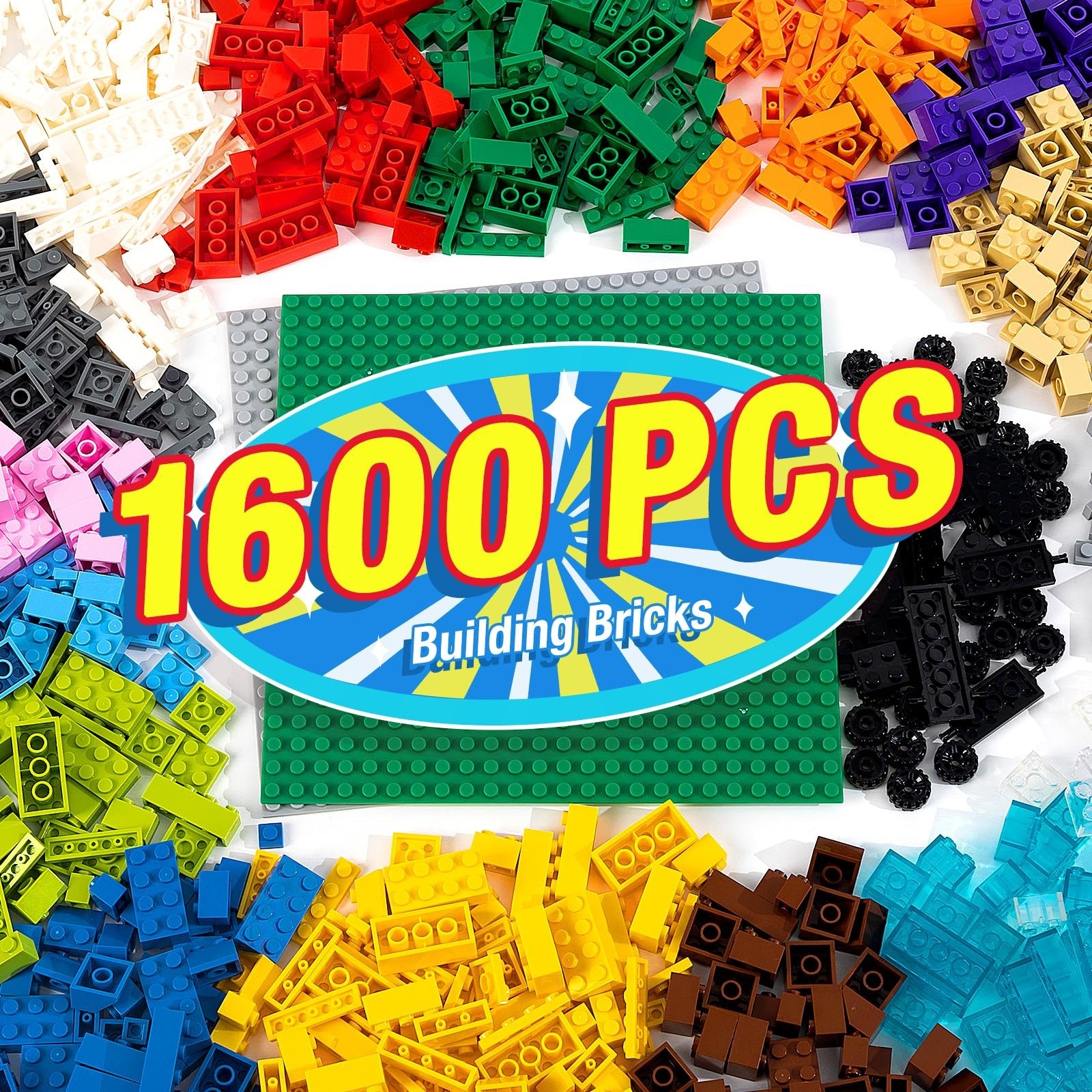 1600 Pieces Building Bricks, Building Bulk Block with 2 Packs 24×24… Fast Ship