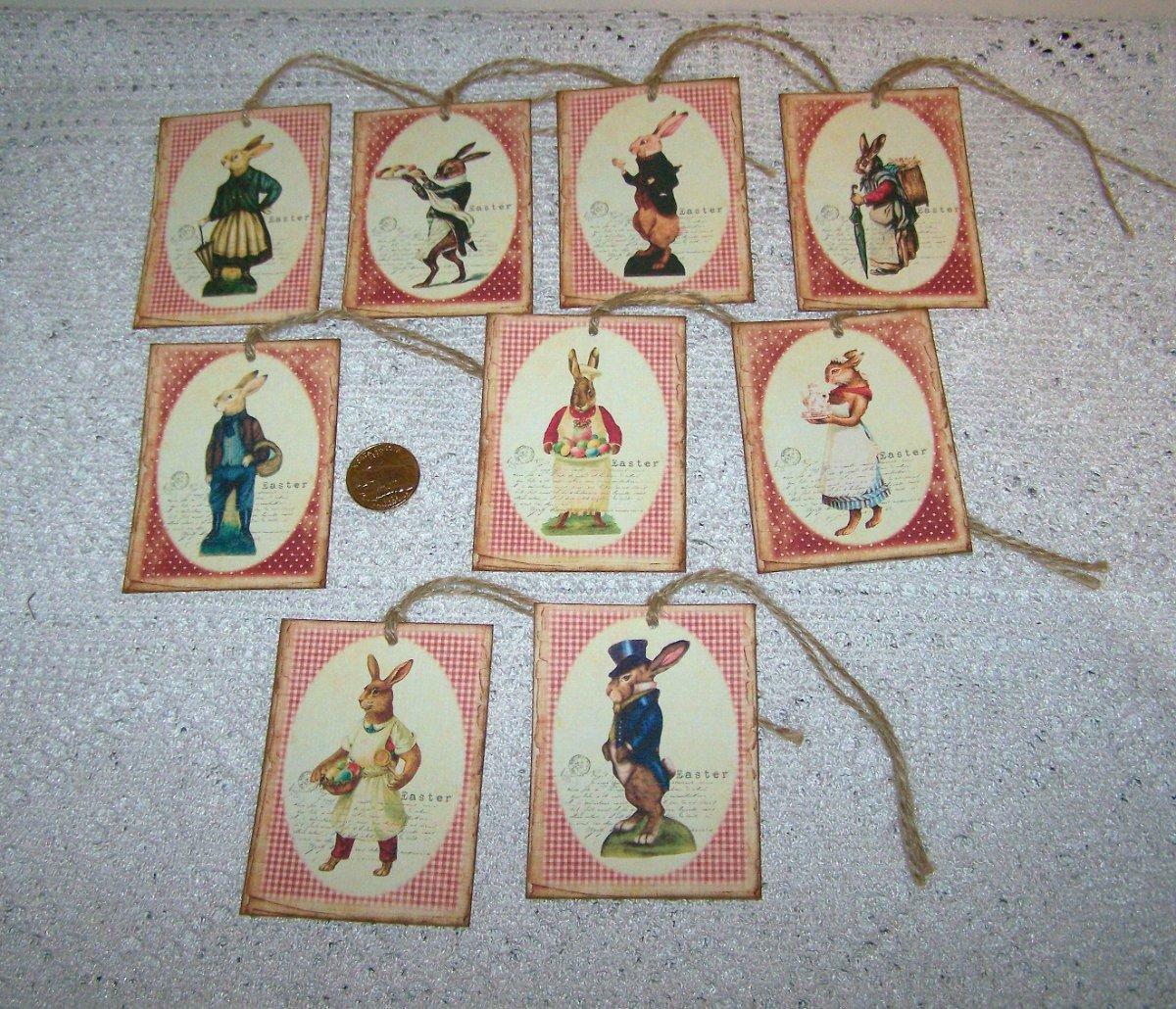 9~Easter~Vintage~Bunny~Rabbits~Fussy Cut~Linen Cardstock~Gift~Hang~Tags~Ornies