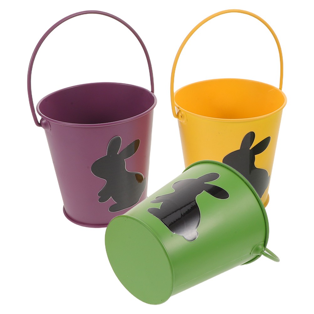 3Pcs Reusable Iron Bunny Candy Buckets Easter Egg Hunt Baskets with Handles
