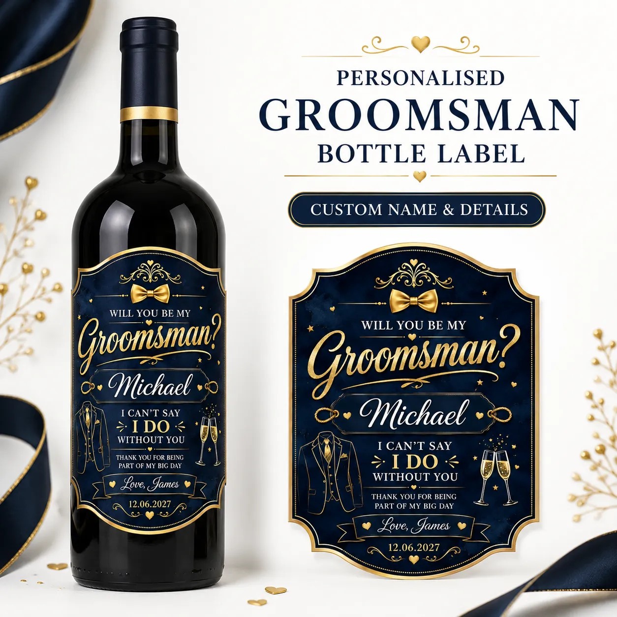 Personalised Groomsman Proposal Bottle Label Sticker Wedding Gift