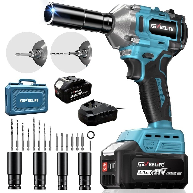 450N.m/332Ft-lbs Brushless Impact Wrench,1/2″ Cordless Impact Gun with 4.0Ah Bat