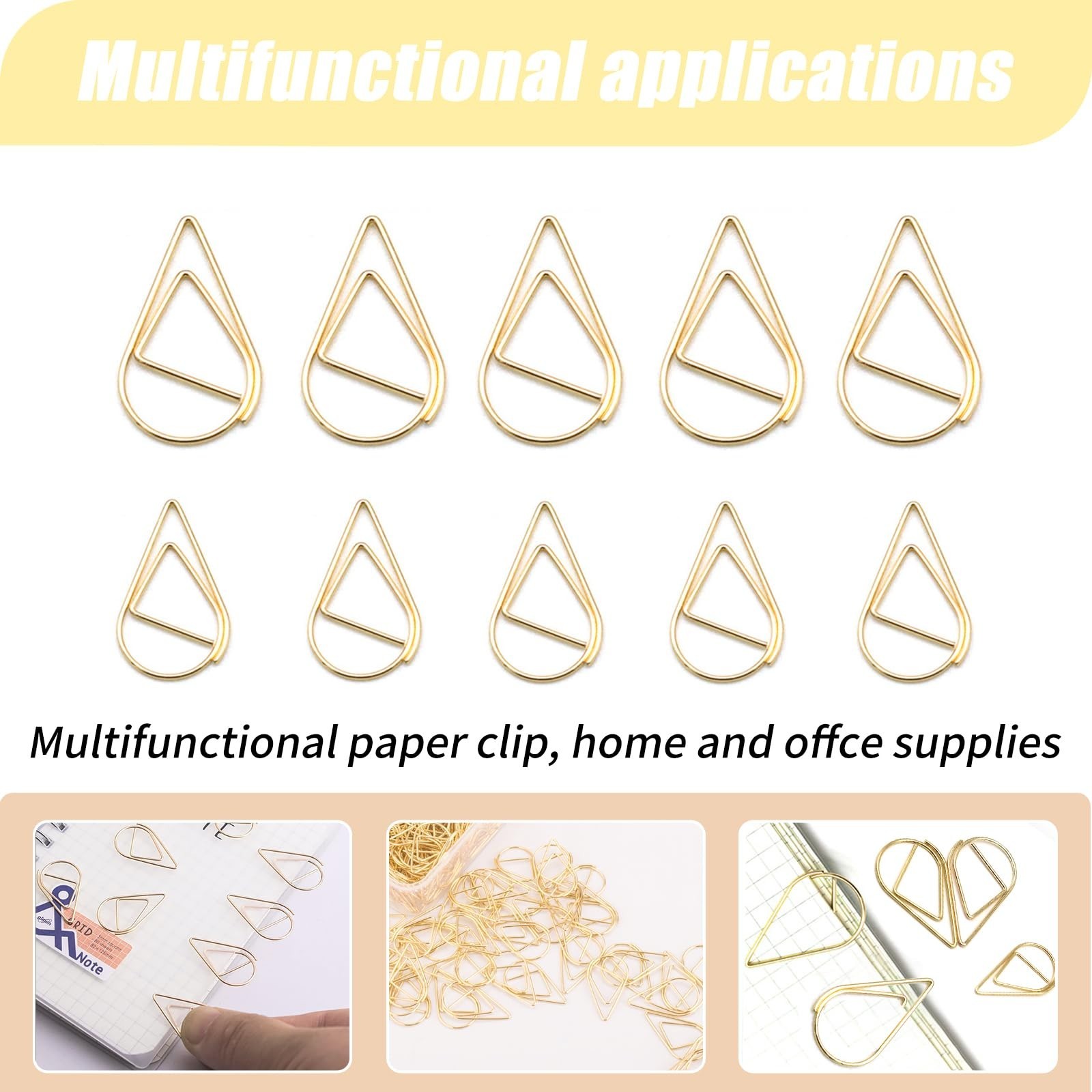 300 Pcs Gold Drops Shaped Paper Clips Set, 150 Pcs Medium Shape and 150 Pcs M…