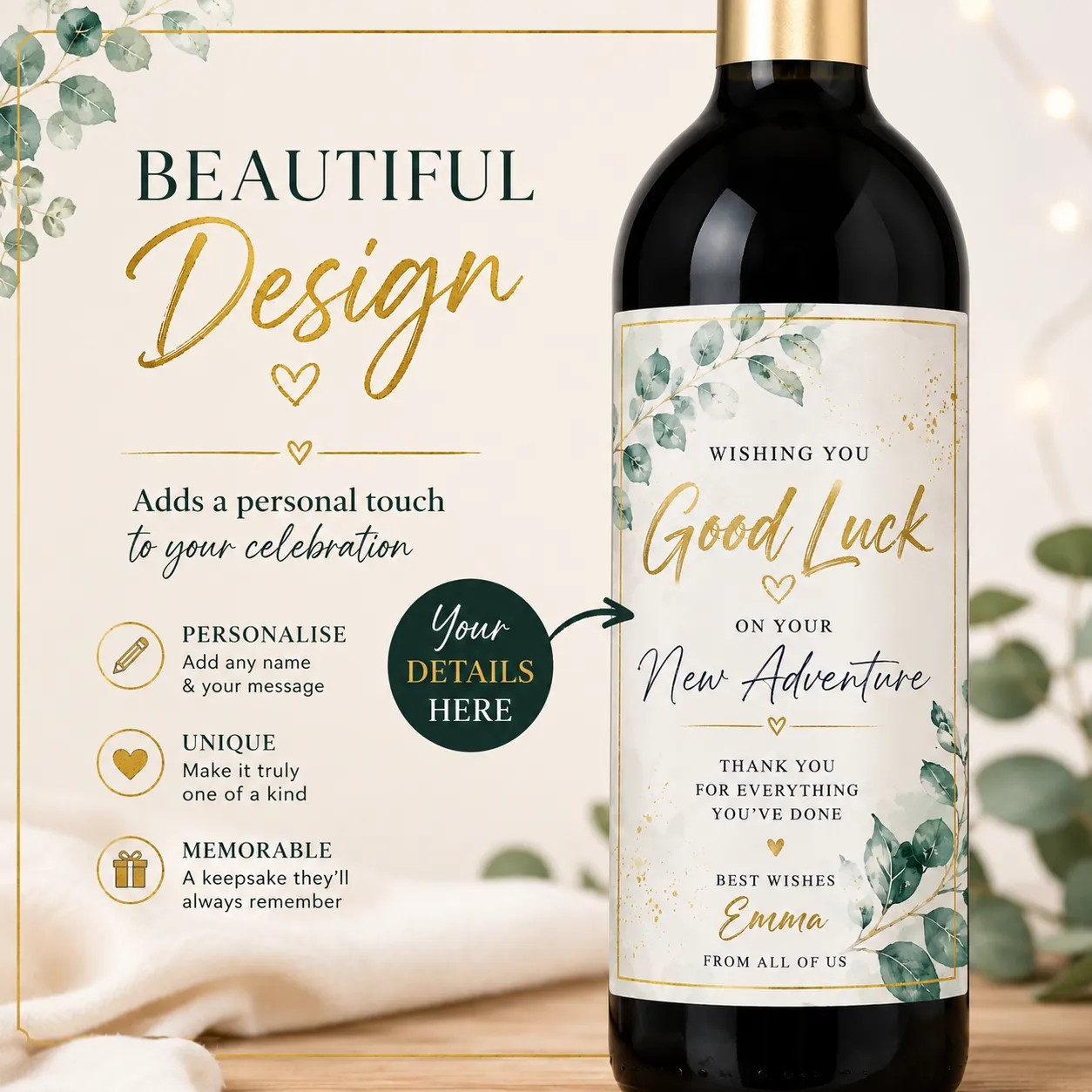 Personalised Leaving Gift Bottle Label Sticker Custom Wine Champagne Gift