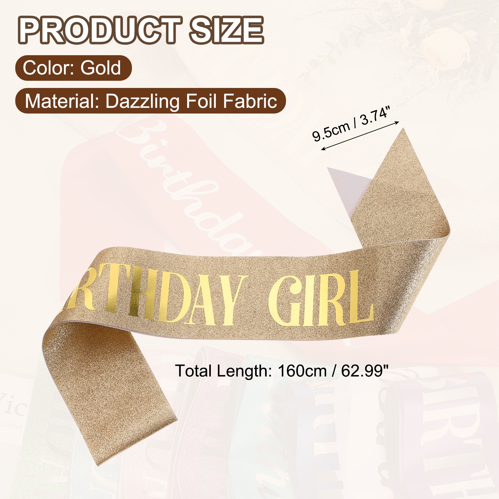 Birthday Girls Sash with Pin Gold Lettering for Party, Rose Gold