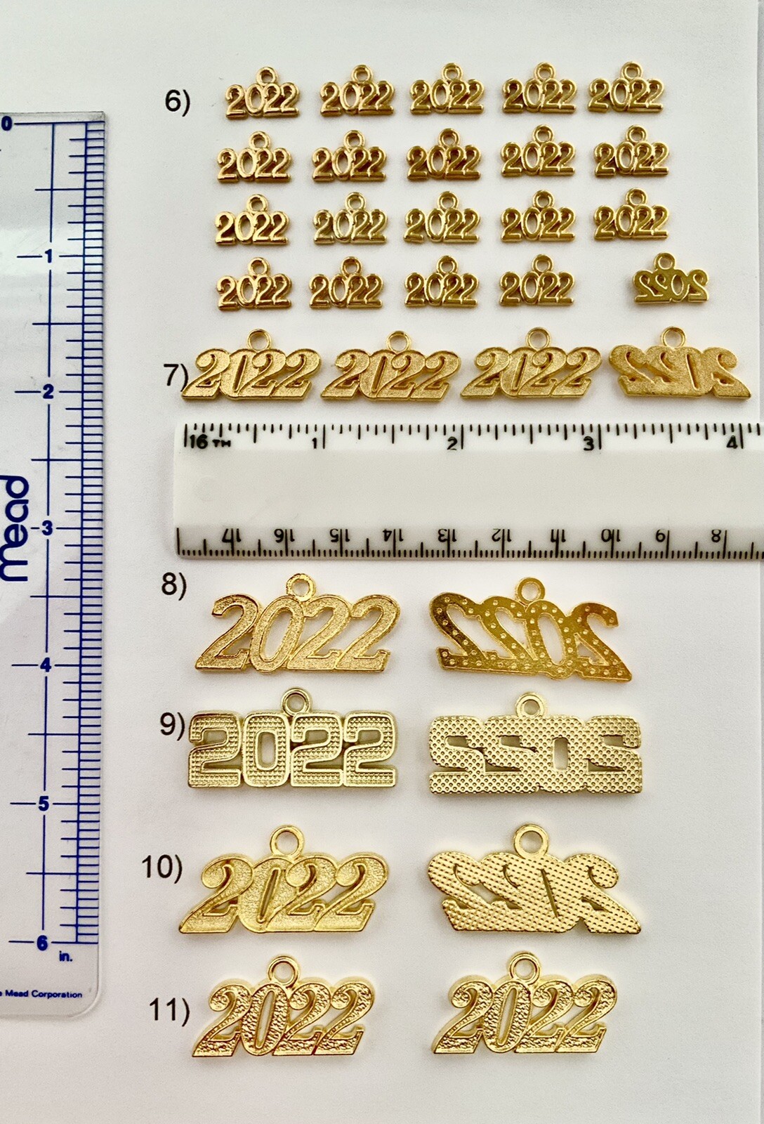 CLASS OF 2022 YEAR NUMBER CHARMS GRADUATION, CHOICE 11 STYLES OF GOLD OR SILVER
