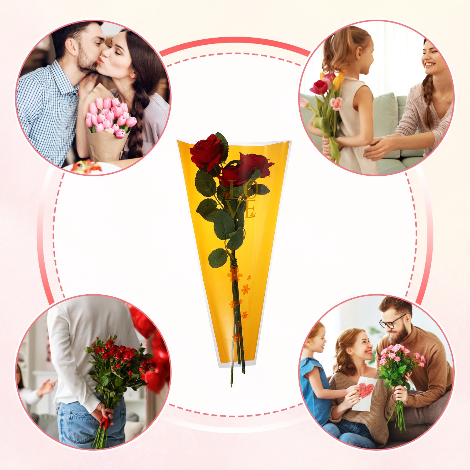 150 Pcs Plastic Rose Floral Bouquet Bags 17.7″ Flower Sleeves Bags, Orange