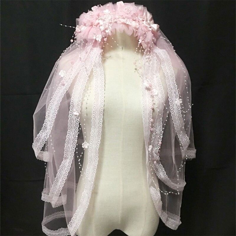 Girls Flower Wreath Headwear Tulle Veils Headband with Beads Tassel Embellished