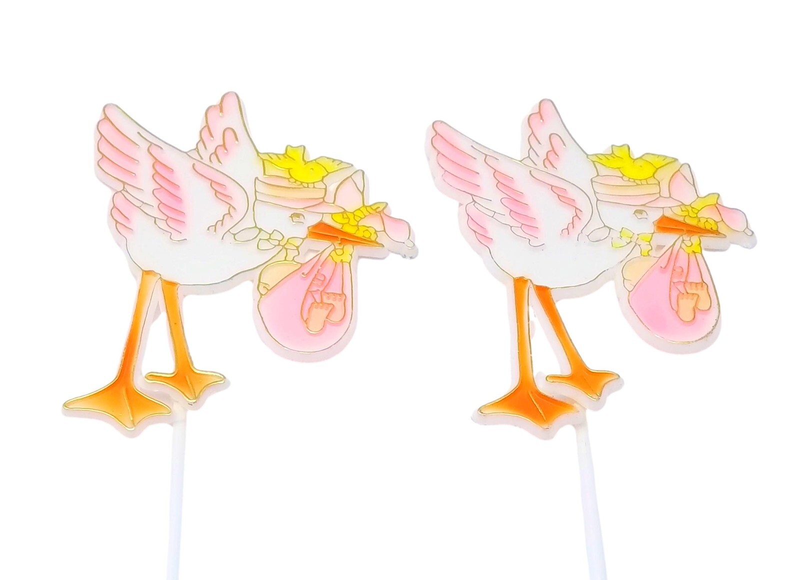 12 Plastic pink stork in flight shower favors appliques floral cupcake picks 4×3