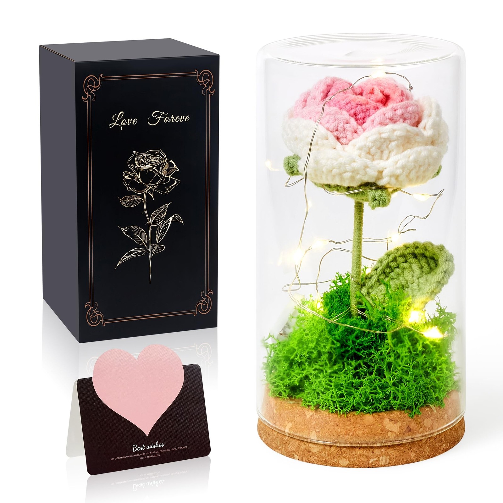 Eternal Flower Crochet Gifts Rose in Glass Dome with Light Up, Knitted Flower…
