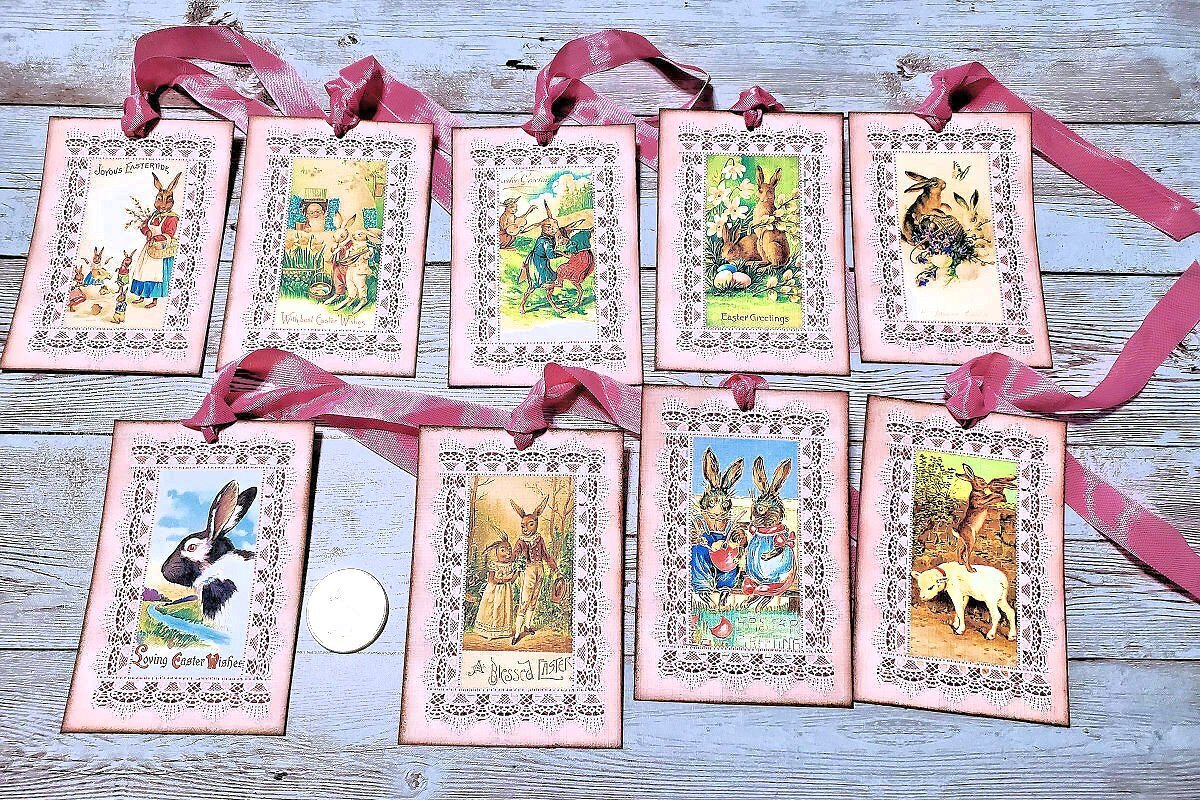 9~Easter~Vintage~Bunnies~Pink~Linen Cardstock~Gift~Hang~Tags~Ornaments