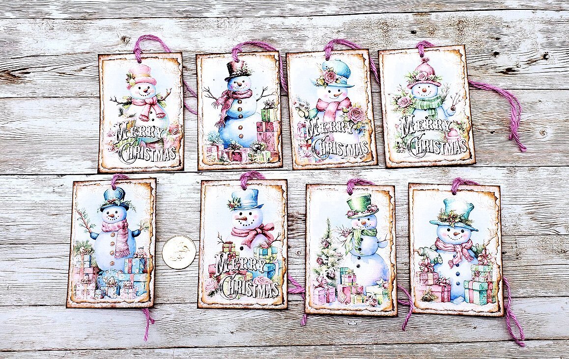 8-Christmas-Holiday-Pink-Snowman-Linen Cardstock-Gift-Hang-Tags