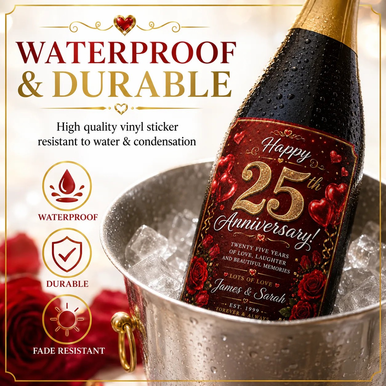 Personalised 25th Anniversary Bottle Label Sticker Wine Gift Red Rose