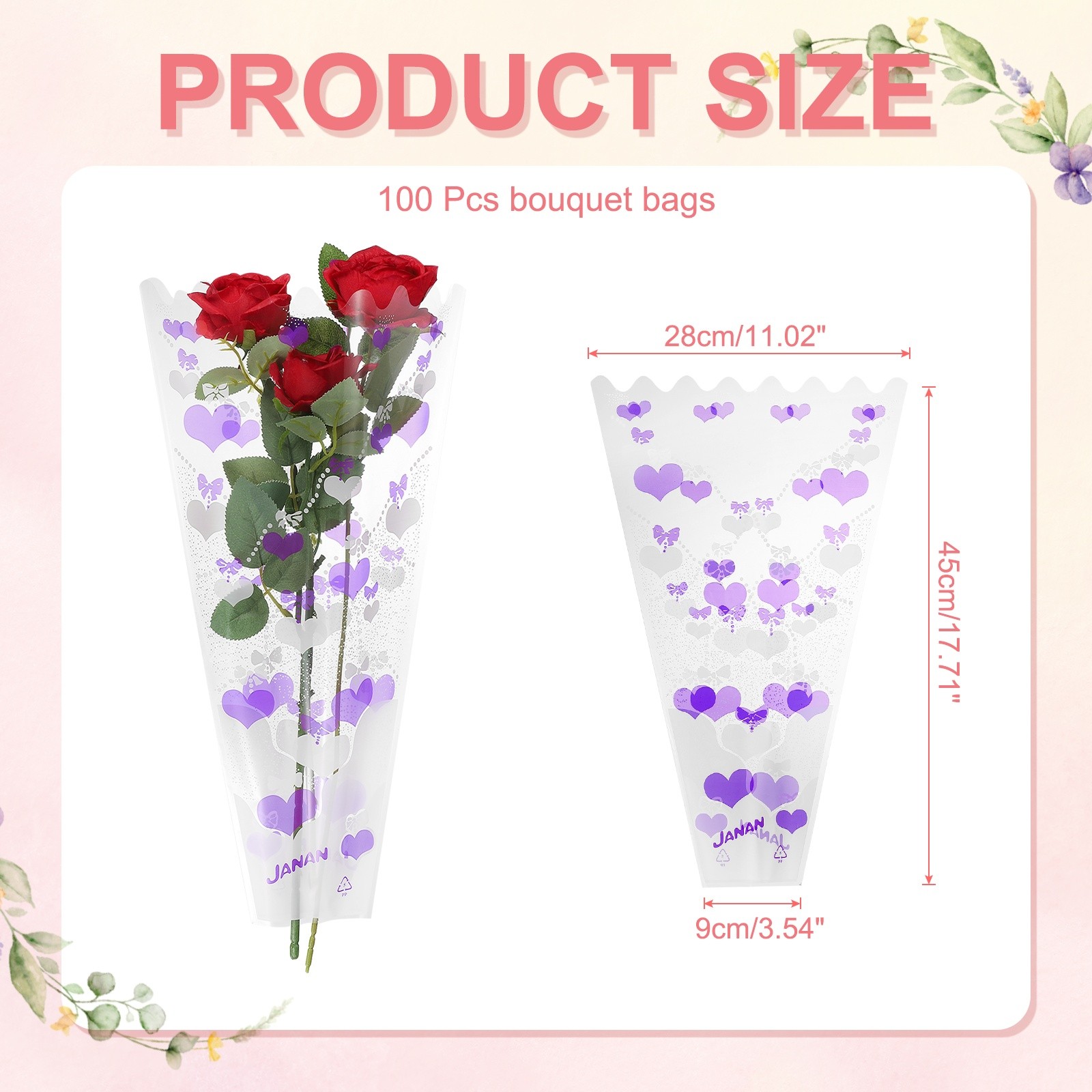 100Pcs, Rose Floral Bouquet Bags 17.7″ Flower Sleeves Bags Purple