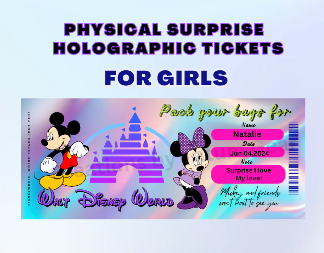 Physical Holographic Unique Personalized Surprise Reveal Ticket Disney Mickey