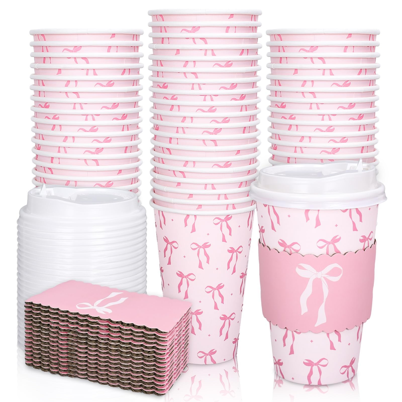 Mother’s Day 50 Set Pink Bow Disposable Coffee Cups with Lids and Sleeves Coquet