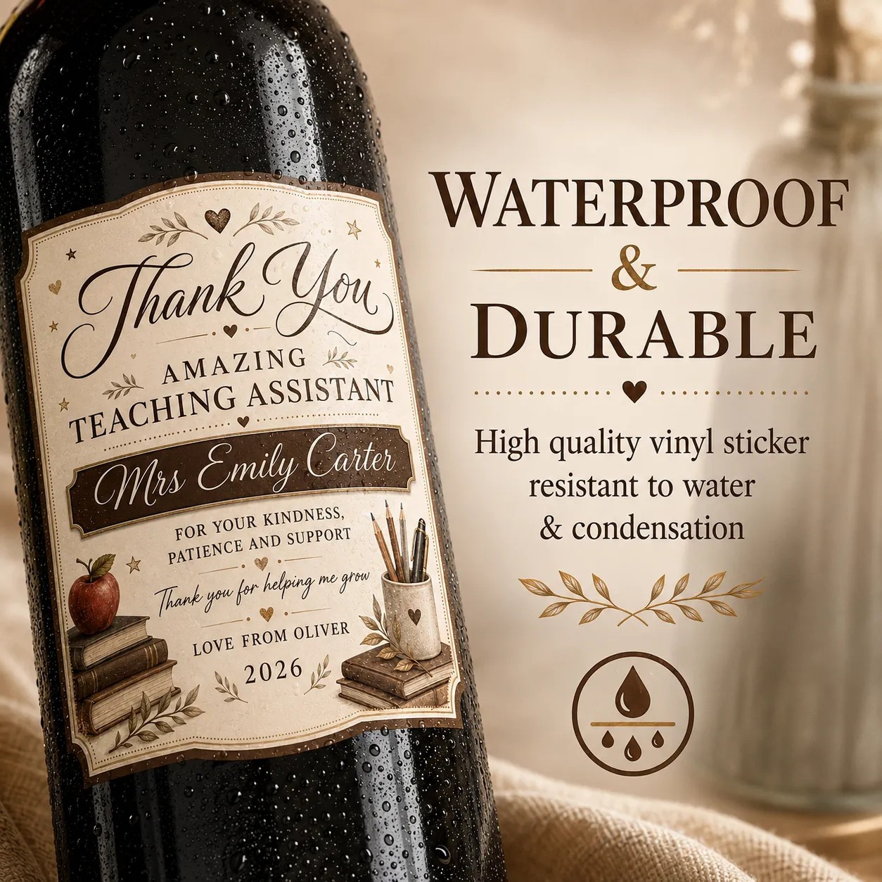 Personalised Teaching Assistant Thank You Bottle Label Sticker Custom Gift
