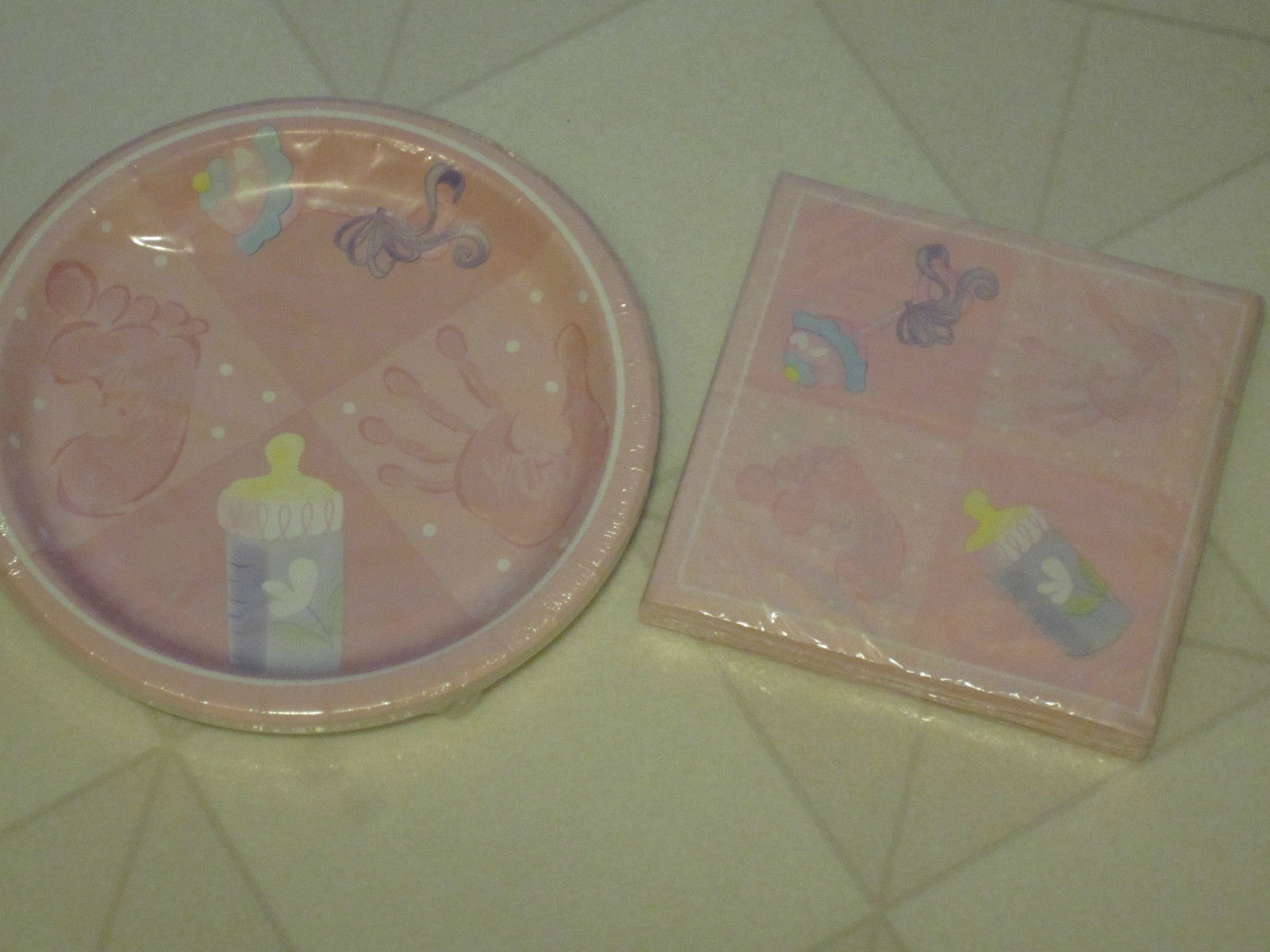 Baby Shower Paper Plates & Napkins Party Set Rattle Bottle Infant Girl Handprint