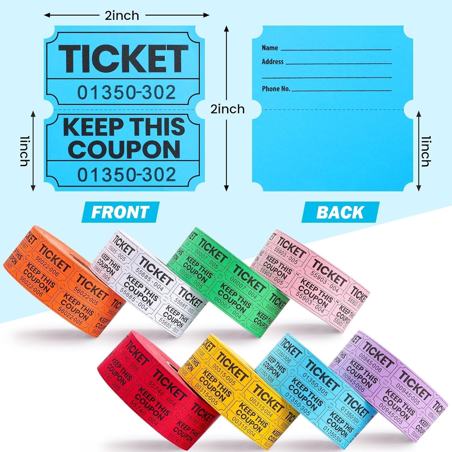 8000 Pairs Raffle Tickets, 50/50 Double Raffle Tickets Rolls, 8 Colors 1000 T…