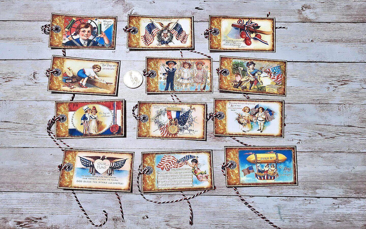 12~Vintage~July 4th~Patriotic~Americana Theme~Linen Cardstock~Gift~Hang~Tags