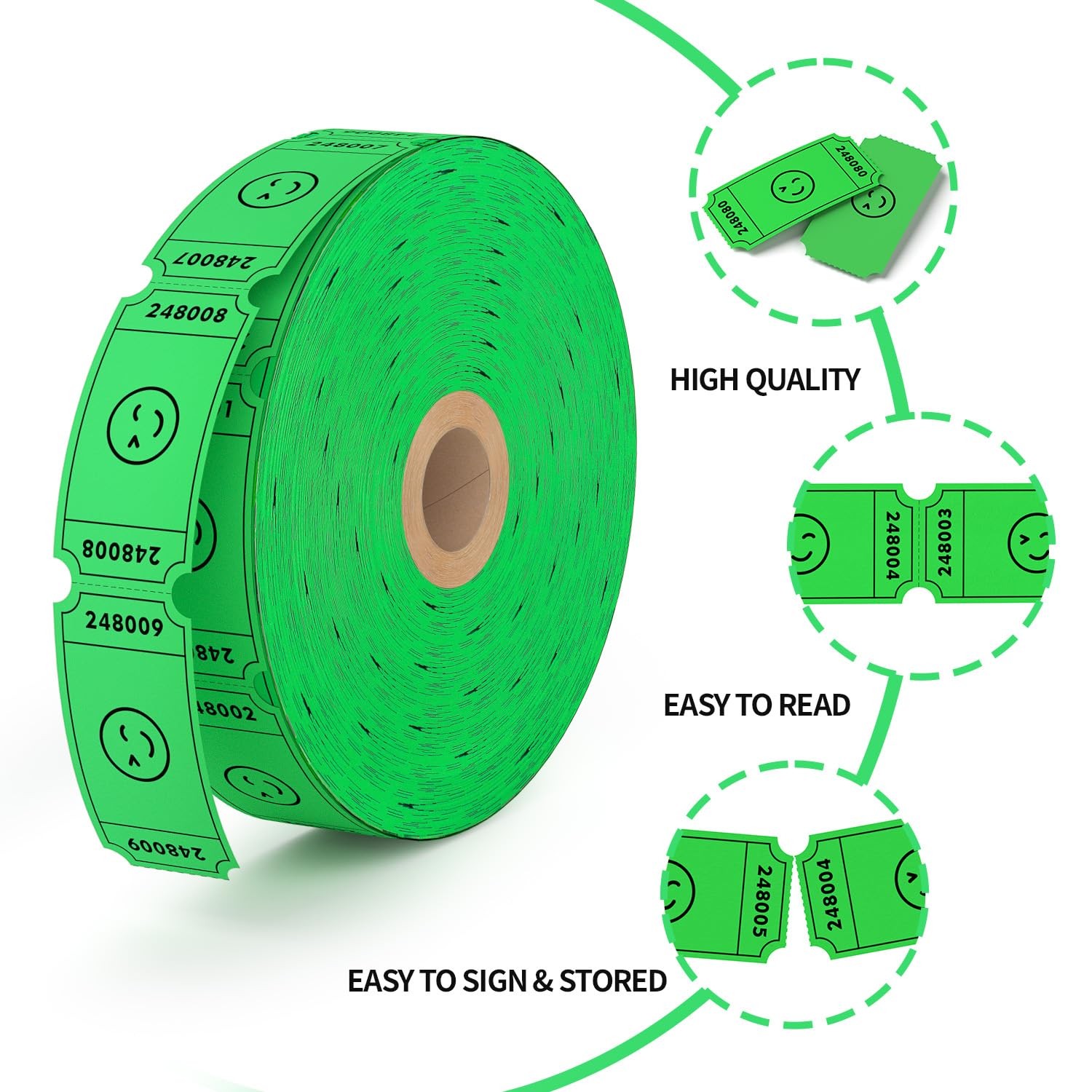 Smile Raffle Tickets Single Roll Green Event Carnival Admission 1000 Count