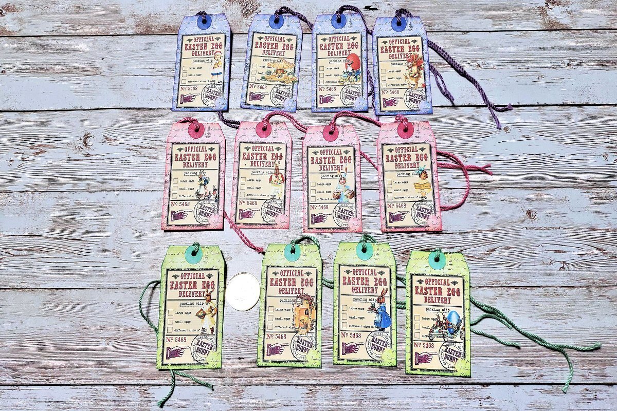 12~Easter~Vintage~Victorian~Egg Delivery~Linen Cardstock~Gift~Hang~Tags
