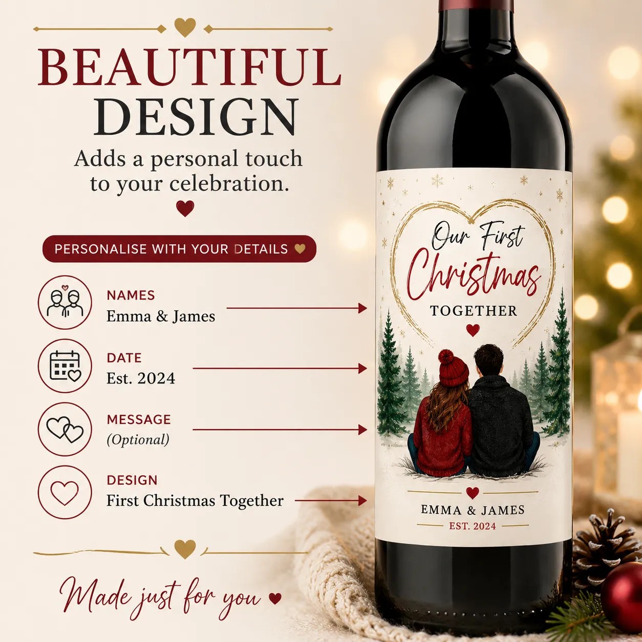 Personalised First Christmas Together Bottle Label Sticker Custom Wine Gift