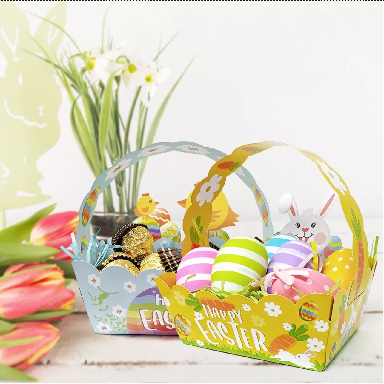 12pcs Easter Treat Boxes Paper Baskets w/ Handle Kids Egg Hunt Party Favors