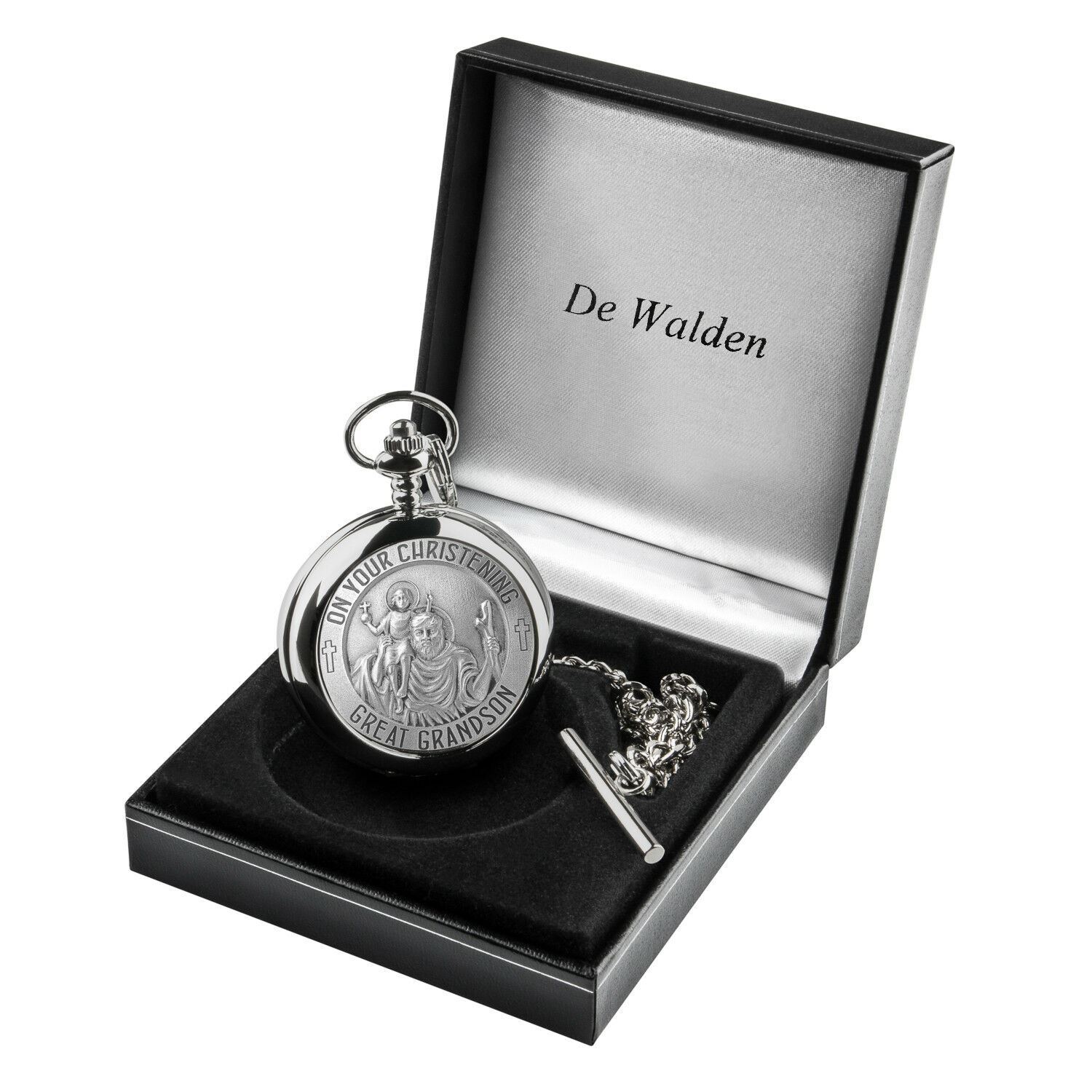 Great Grandson Christening Gift Engraved Boys St Christopher Pocket Watch in Box