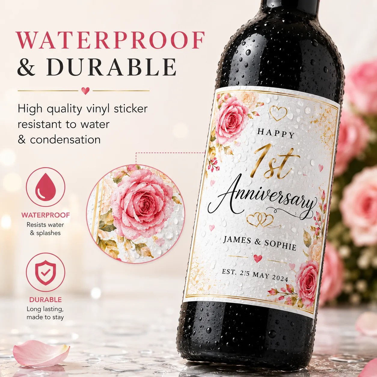 Personalised 1st Anniversary Bottle Label Sticker Custom Wedding Gift for Couple