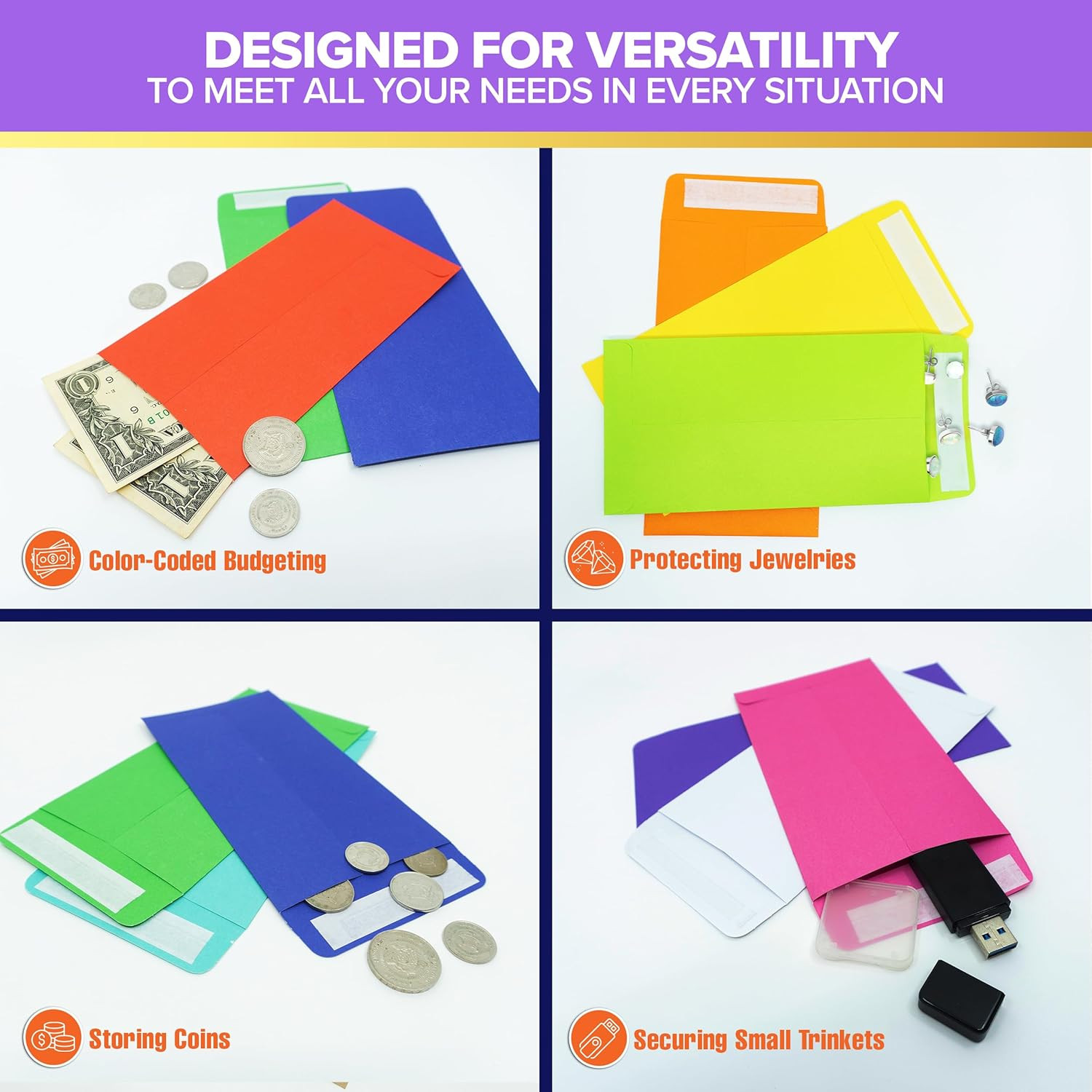 110 Pack Colorful Money Envelopes for Cash with Double-Sided Tape, 3.5×6.5in Col